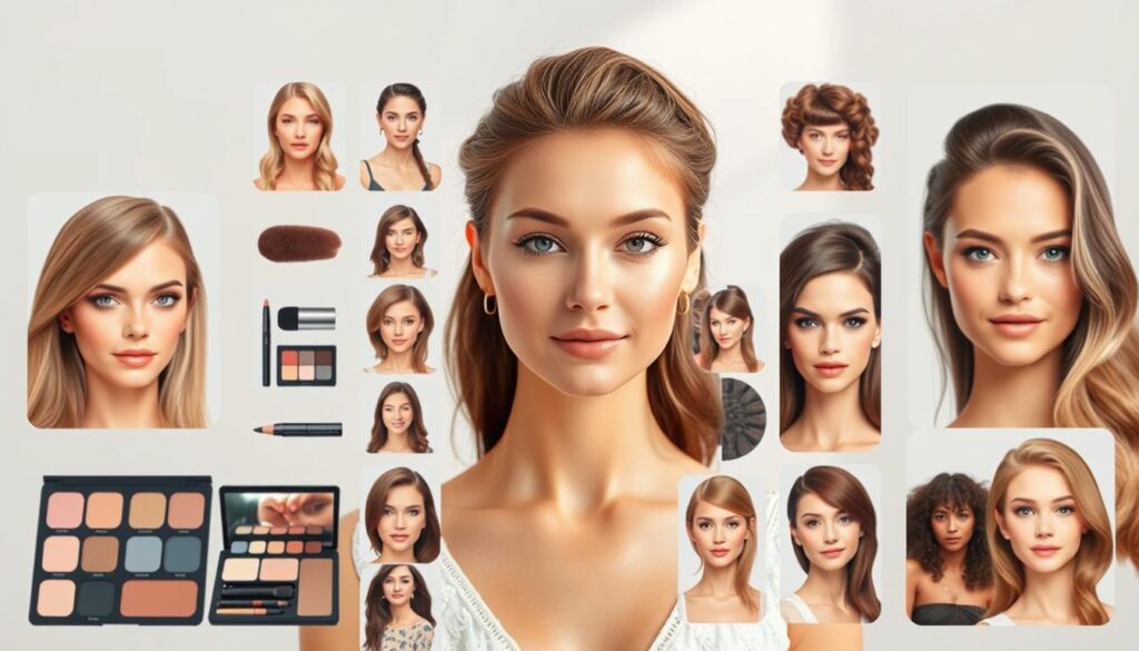 A beautifully crafted virtual makeup and hairstyle simulation application, showcasing a diverse range of cosmetic options and hairstyles against a clean, minimalist background. Soft, natural lighting illuminates the vibrant, carefully curated selections, highlighting the intuitive user interface and the seamless integration of these features. The image conveys a sense of personalization and empowerment, inviting the viewer to experiment with their appearance and envision their ideal transformation. A beautifully crafted virtual makeup and hairstyle simulation application, showcasing a diverse range of cosmetic options and hairstyles against a clean, minimalist background. Soft, natural lighting illuminates the vibrant, carefully curated selections, highlighting the intuitive user interface and the seamless integration of these features. The image conveys a sense of personalization and empowerment, inviting the viewer to experiment with their appearance and envision their ideal transformation.