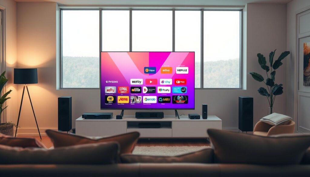 A cozy living room with a large, sleek television set taking center stage. The screen displays a vibrant, colorful interface showcasing various streaming services and live television channels. Beside the TV, a modern media console holds streaming devices and a sound system, creating an immersive entertainment setup. Soft, warm lighting illuminates the space, creating a welcoming atmosphere. In the foreground, a comfortable couch and armchair invite viewers to relax and enjoy the free streaming experience. The background features a minimalist, contemporary design, with large windows allowing natural light to flood the room. An overall sense of simplicity and sophistication pervades the scene, reflecting the convenience and accessibility of the free television and streaming services. A cozy living room with a large, sleek television set taking center stage. The screen displays a vibrant, colorful interface showcasing various streaming services and live television channels. Beside the TV, a modern media console holds streaming devices and a sound system, creating an immersive entertainment setup. Soft, warm lighting illuminates the space, creating a welcoming atmosphere. In the foreground, a comfortable couch and armchair invite viewers to relax and enjoy the free streaming experience. The background features a minimalist, contemporary design, with large windows allowing natural light to flood the room. An overall sense of simplicity and sophistication pervades the scene, reflecting the convenience and accessibility of the free television and streaming services.