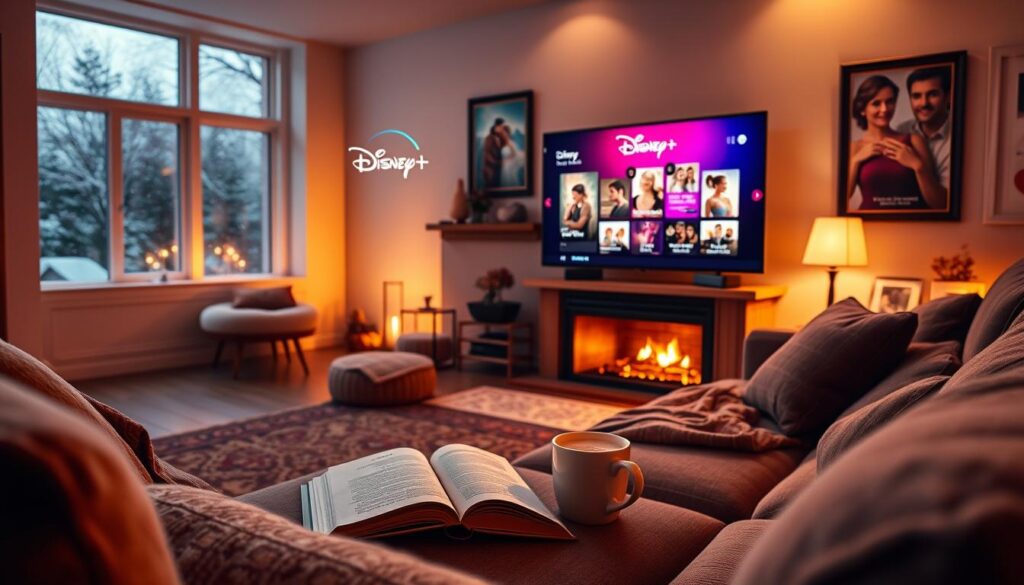 A cozy living room with a plush sofa, a flickering fireplace, and a Disney+ interface displayed on a large, flat-screen TV. The room is softly lit, creating a warm, romantic ambiance. On the coffee table, an open book and a mug of hot cocoa, hinting at a relaxing evening of classic Disney romance movies. The walls are adorned with framed Disney movie posters, adding to the nostalgic charm. Outside the window, a light snowfall adds to the cozy, winter-time atmosphere. The overall scene evokes a sense of timeless, enchanting Disney magic, perfect for enjoying the latest romantic films on Disney+. A cozy living room with a plush sofa, a flickering fireplace, and a Disney+ interface displayed on a large, flat-screen TV. The room is softly lit, creating a warm, romantic ambiance. On the coffee table, an open book and a mug of hot cocoa, hinting at a relaxing evening of classic Disney romance movies. The walls are adorned with framed Disney movie posters, adding to the nostalgic charm. Outside the window, a light snowfall adds to the cozy, winter-time atmosphere. The overall scene evokes a sense of timeless, enchanting Disney magic, perfect for enjoying the latest romantic films on Disney+.