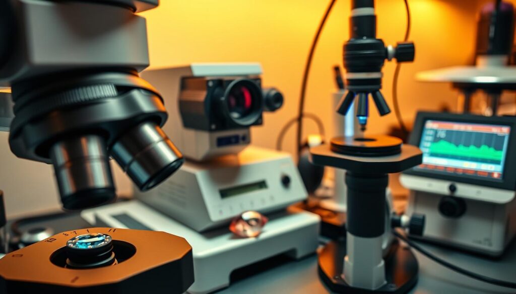 A detailed close-up view of advanced gemological analysis tools and equipment. In the foreground, a high-magnification digital microscope with precision focusing controls, capturing the intricate internal structures and inclusions of a rare gem specimen. In the middle ground, a state-of-the-art gemstone refractometer and polariscope, used to precisely measure the optical properties of the gem. In the background, a spectrum analyzer and UV lamp, enabling advanced chemical and structural analysis. The workspace is well-lit with warm, directional lighting, creating a professional, scientific atmosphere conducive to meticulous gem evaluation and classification. A detailed close-up view of advanced gemological analysis tools and equipment. In the foreground, a high-magnification digital microscope with precision focusing controls, capturing the intricate internal structures and inclusions of a rare gem specimen. In the middle ground, a state-of-the-art gemstone refractometer and polariscope, used to precisely measure the optical properties of the gem. In the background, a spectrum analyzer and UV lamp, enabling advanced chemical and structural analysis. The workspace is well-lit with warm, directional lighting, creating a professional, scientific atmosphere conducive to meticulous gem evaluation and classification.