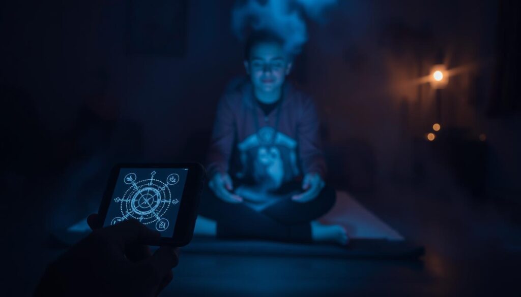 A dimly lit room, with a mystical ambiance. In the foreground, a smartphone or tablet displays a spirit-detecting app, its interface glowing with ethereal symbols. In the middle ground, a person sits cross-legged, deep in contemplation, their face illuminated by the soft, otherworldly light of the device. In the background, the room is shrouded in a hazy, atmospheric mist, hinting at the presence of unseen spiritual entities. The lighting is dramatic, casting long shadows and creating a sense of mystery and intrigue. The overall scene evokes a sense of curiosity and wonder, inviting the viewer to explore the mysteries of the spirit world through the lens of a mobile application. A dimly lit room, with a mystical ambiance. In the foreground, a smartphone or tablet displays a spirit-detecting app, its interface glowing with ethereal symbols. In the middle ground, a person sits cross-legged, deep in contemplation, their face illuminated by the soft, otherworldly light of the device. In the background, the room is shrouded in a hazy, atmospheric mist, hinting at the presence of unseen spiritual entities. The lighting is dramatic, casting long shadows and creating a sense of mystery and intrigue. The overall scene evokes a sense of curiosity and wonder, inviting the viewer to explore the mysteries of the spirit world through the lens of a mobile application.