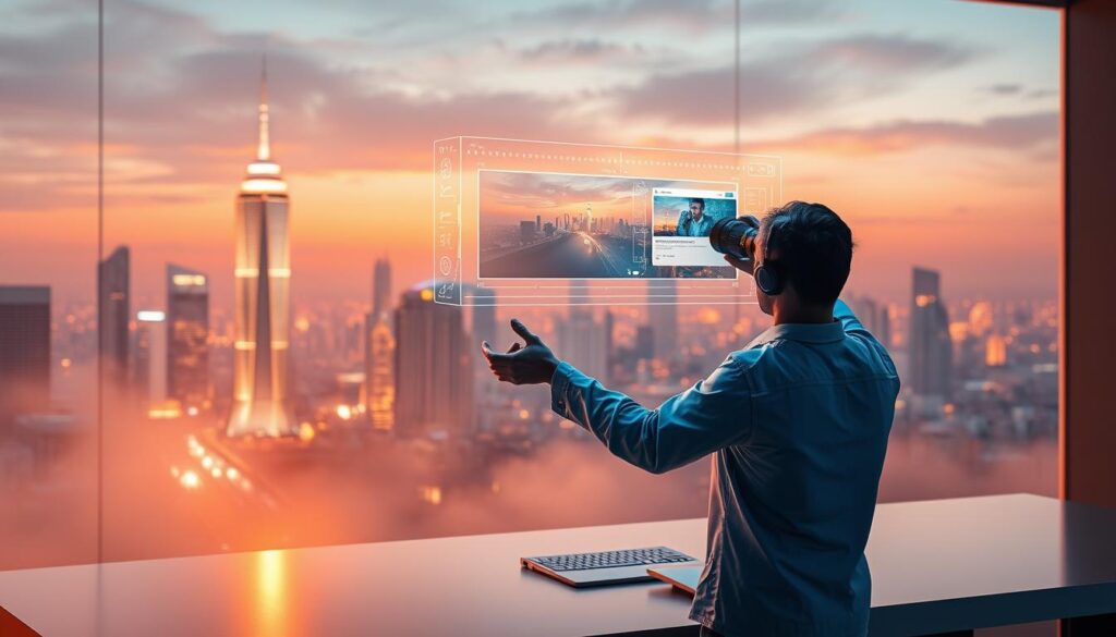 A futuristic scene of AI-powered photo editing, showcasing a sleek, holographic interface levitating above a minimalist, metallic workstation. In the foreground, a photographer manipulates digital images with intuitive hand gestures, while the background features a cityscape of gleaming skyscrapers and a vibrant, neon-tinged skyline. Diffused, warm lighting creates an atmosphere of innovation and technological advancement, as intelligent algorithms seamlessly enhance and transform the visual elements. The overall composition conveys a sense of effortless, cutting-edge creativity, where the boundaries between human and machine blur, heralding a new era of AI-driven image editing. A futuristic scene of AI-powered photo editing, showcasing a sleek, holographic interface levitating above a minimalist, metallic workstation. In the foreground, a photographer manipulates digital images with intuitive hand gestures, while the background features a cityscape of gleaming skyscrapers and a vibrant, neon-tinged skyline. Diffused, warm lighting creates an atmosphere of innovation and technological advancement, as intelligent algorithms seamlessly enhance and transform the visual elements. The overall composition conveys a sense of effortless, cutting-edge creativity, where the boundaries between human and machine blur, heralding a new era of AI-driven image editing.