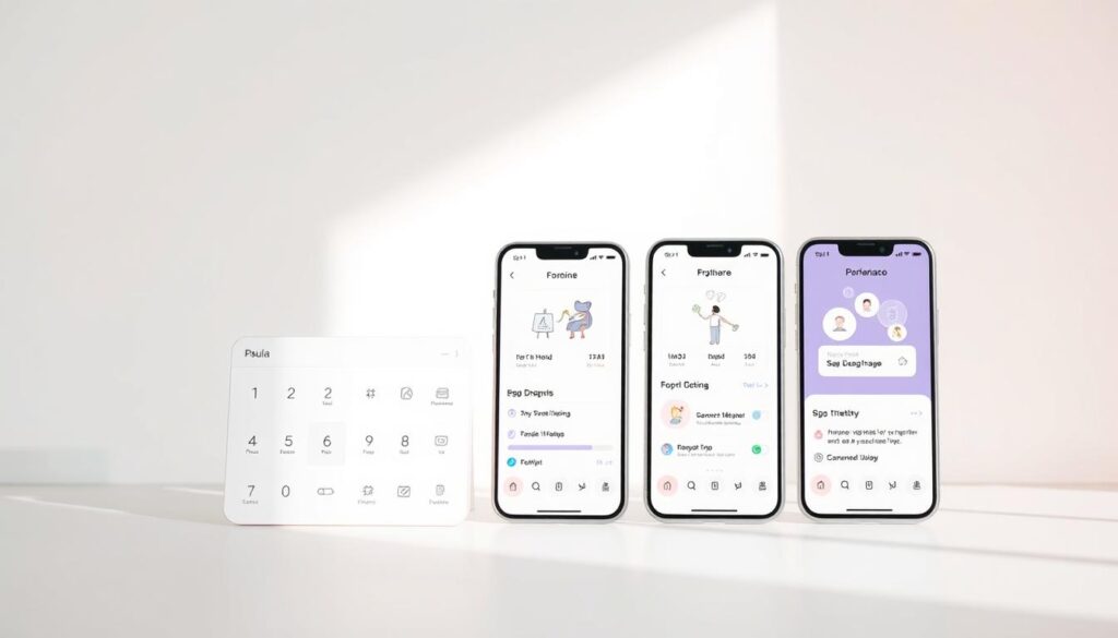 A modern, organized and intuitive mobile app interface featuring a clean layout with a soothing pastel color palette. In the foreground, a minimalist dashboard with well-spaced icons and text labels, conveying a sense of harmony and ease of navigation. The middle ground showcases a progression of interactive screens, highlighting the app's core functionality through simple illustrations and clean typography. In the background, a soft gradient adds depth and visual interest, while the overall lighting is natural and diffused, creating a calming, approachable atmosphere. The composition emphasizes simplicity, intuitiveness and a thoughtful user experience, aligning with the section title "Paula: Layout organizado e intuitivo". A modern, organized and intuitive mobile app interface featuring a clean layout with a soothing pastel color palette. In the foreground, a minimalist dashboard with well-spaced icons and text labels, conveying a sense of harmony and ease of navigation. The middle ground showcases a progression of interactive screens, highlighting the app's core functionality through simple illustrations and clean typography. In the background, a soft gradient adds depth and visual interest, while the overall lighting is natural and diffused, creating a calming, approachable atmosphere. The composition emphasizes simplicity, intuitiveness and a thoughtful user experience, aligning with the section title "Paula: Layout organizado e intuitivo".