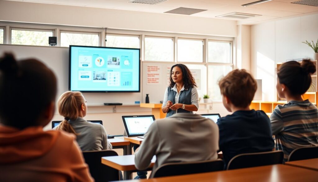 A serene classroom setting with educational content displayed on digital screens and whiteboards. In the foreground, students engaged in interactive learning activities, their faces illuminated by the soft glow of the displays. The middle ground features a teacher guiding the lesson, their expression one of thoughtful guidance. The background showcases a well-appointed learning environment, with ample natural light streaming through large windows, complemented by subtle, warm tones. The overall scene conveys a sense of intellectual curiosity, knowledge-sharing, and a nurturing educational atmosphere. A serene classroom setting with educational content displayed on digital screens and whiteboards. In the foreground, students engaged in interactive learning activities, their faces illuminated by the soft glow of the displays. The middle ground features a teacher guiding the lesson, their expression one of thoughtful guidance. The background showcases a well-appointed learning environment, with ample natural light streaming through large windows, complemented by subtle, warm tones. The overall scene conveys a sense of intellectual curiosity, knowledge-sharing, and a nurturing educational atmosphere.