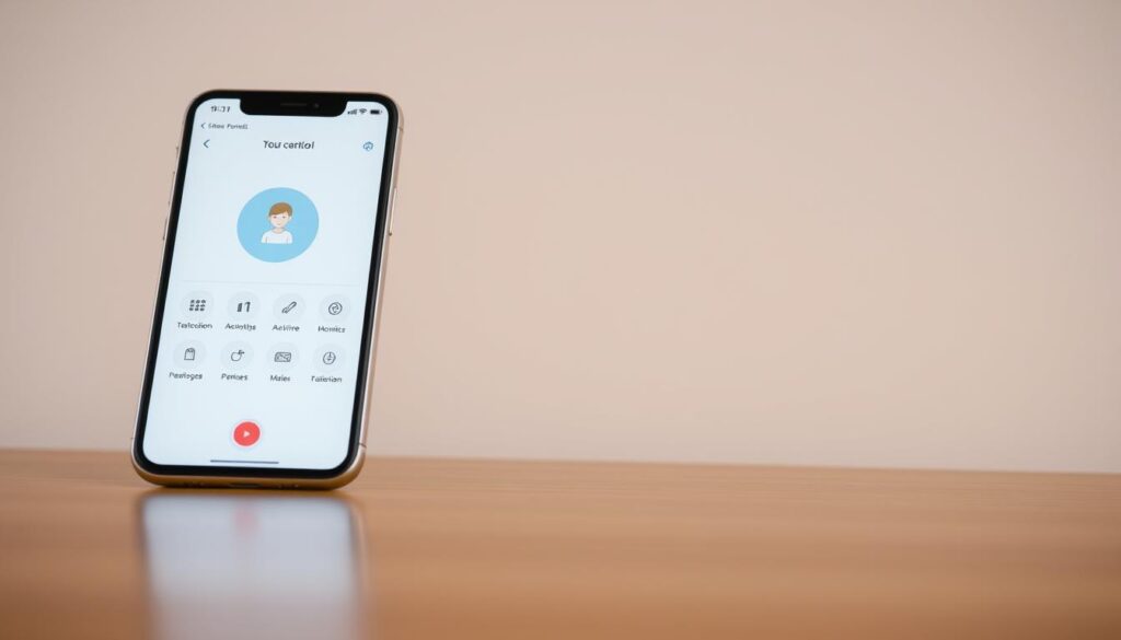A sleek, modern smartphone display showcasing a parental control app interface. The foreground features a clean, intuitive layout with icons for tracking location, monitoring activities, and setting time limits. The middle ground highlights a map visualization with a parent's location and their child's real-time position, connected by a pulsing line. The background subtly conveys a sense of digital security, with a soft, gradient backdrop and minimal, elegant UI elements. Lighting is natural and balanced, with a warm, inviting tone. The overall mood is one of technological sophistication and parental reassurance. A sleek, modern smartphone display showcasing a parental control app interface. The foreground features a clean, intuitive layout with icons for tracking location, monitoring activities, and setting time limits. The middle ground highlights a map visualization with a parent's location and their child's real-time position, connected by a pulsing line. The background subtly conveys a sense of digital security, with a soft, gradient backdrop and minimal, elegant UI elements. Lighting is natural and balanced, with a warm, inviting tone. The overall mood is one of technological sophistication and parental reassurance.