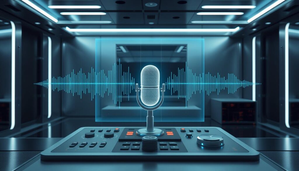 A sophisticated voice recognition technology interface, with a sleek and modern aesthetic. In the foreground, display a holographic 3D projection of sound waves and voice patterns, pulsing and dynamic. In the middle ground, depict a futuristic control panel with various toggles, sliders, and displays, hinting at the advanced algorithms and computational power behind the system. In the background, showcase a minimalist, metallic environment with clean lines and subtle lighting, conveying a sense of precision and innovation. The overall mood should be one of cutting-edge technological prowess, seamlessly blending form and function. A sophisticated voice recognition technology interface, with a sleek and modern aesthetic. In the foreground, display a holographic 3D projection of sound waves and voice patterns, pulsing and dynamic. In the middle ground, depict a futuristic control panel with various toggles, sliders, and displays, hinting at the advanced algorithms and computational power behind the system. In the background, showcase a minimalist, metallic environment with clean lines and subtle lighting, conveying a sense of precision and innovation. The overall mood should be one of cutting-edge technological prowess, seamlessly blending form and function.