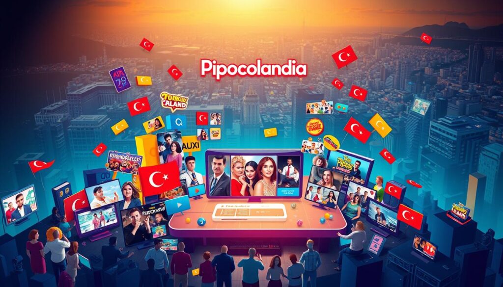 A vibrant and colorful illustration of the "Pipocolandia" TV programming hub, featuring a diverse array of Turkish television series and entertainment content. The foreground showcases a dynamic montage of characters, scenes, and logos from popular Turkish dramas, comedies, and variety shows, all integrated seamlessly into a cohesive visual tapestry. The middle ground depicts a stylized, futuristic-looking user interface or application platform, hinting at the digital accessibility and convenience of Pipocolandia's offerings. The background presents a sweeping panorama of a modern, technologically-advanced cityscape, suggesting the ubiquity and integration of Turkish media within the wider digital landscape. Lighting is warm and inviting, with a sense of excitement and energy permeating the composition. The overall mood is one of vibrant entertainment, cultural diversity, and technological innovation. A vibrant and colorful illustration of the "Pipocolandia" TV programming hub, featuring a diverse array of Turkish television series and entertainment content. The foreground showcases a dynamic montage of characters, scenes, and logos from popular Turkish dramas, comedies, and variety shows, all integrated seamlessly into a cohesive visual tapestry. The middle ground depicts a stylized, futuristic-looking user interface or application platform, hinting at the digital accessibility and convenience of Pipocolandia's offerings. The background presents a sweeping panorama of a modern, technologically-advanced cityscape, suggesting the ubiquity and integration of Turkish media within the wider digital landscape. Lighting is warm and inviting, with a sense of excitement and energy permeating the composition. The overall mood is one of vibrant entertainment, cultural diversity, and technological innovation.