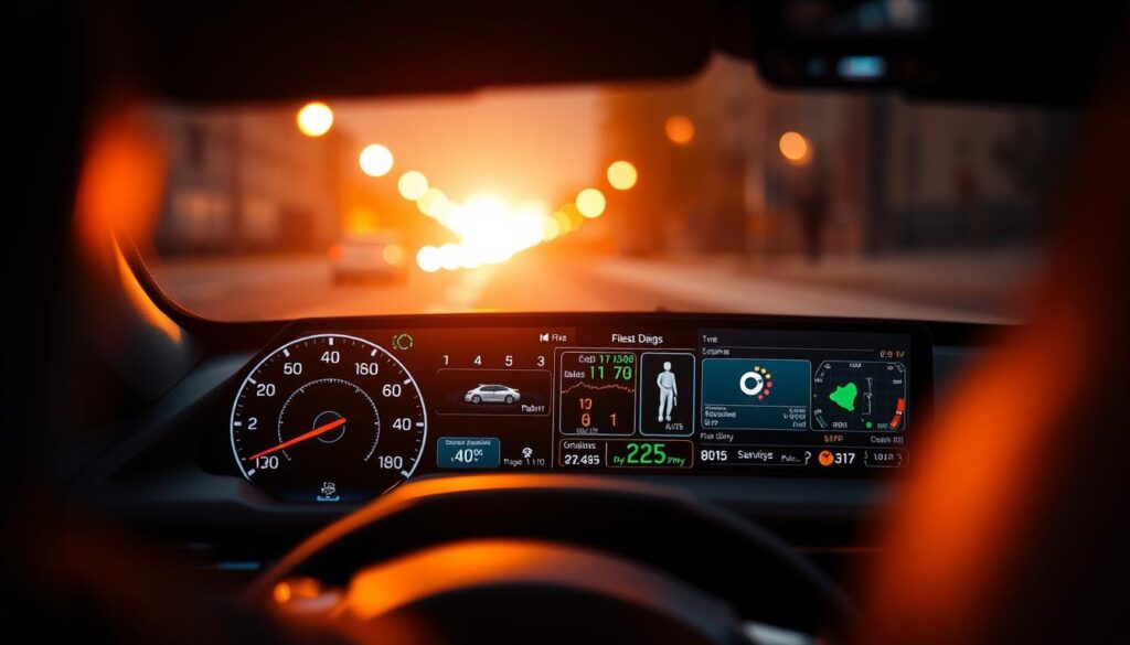 Detailed real-time car monitoring dashboard with a heads-up display, monitoring various vehicle data such as speed, engine diagnostics, fuel level, and GPS tracking on a sleek, modern interface. The scene is illuminated by warm, ambient lighting, creating a calm and informative atmosphere. The camera angle is from the driver's perspective, emphasizing the intuitive and user-friendly design of the system. The overall impression conveys the idea of preventive maintenance and a deeper understanding of the car's performance and condition. Detailed real-time car monitoring dashboard with a heads-up display, monitoring various vehicle data such as speed, engine diagnostics, fuel level, and GPS tracking on a sleek, modern interface. The scene is illuminated by warm, ambient lighting, creating a calm and informative atmosphere. The camera angle is from the driver's perspective, emphasizing the intuitive and user-friendly design of the system. The overall impression conveys the idea of preventive maintenance and a deeper understanding of the car's performance and condition.