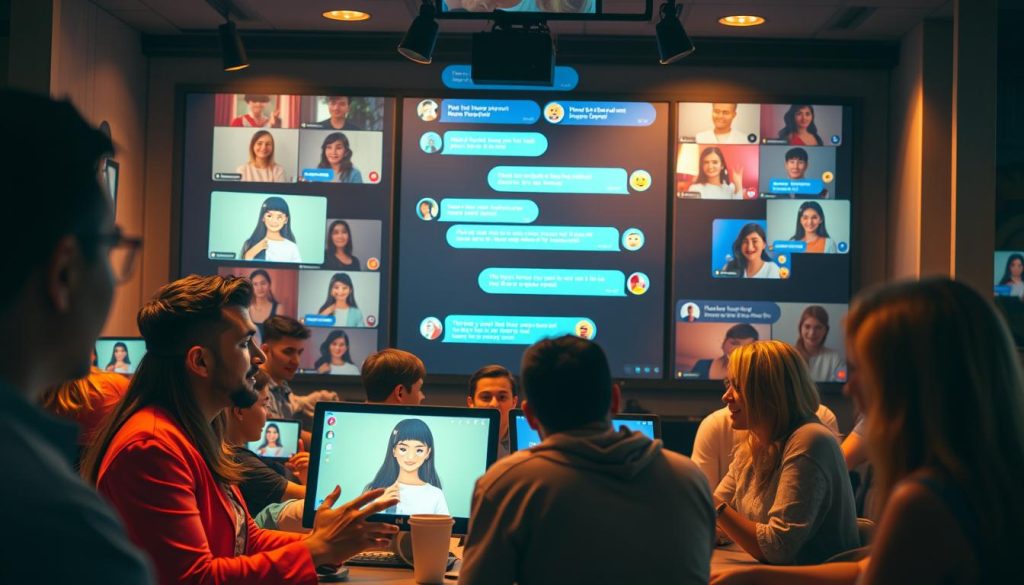 A bustling online chat room with vibrant live video streams, people engaging in lively real-time conversations, animated reactions, and a sense of dynamic connectivity. The scene is bathed in warm, soft lighting, creating an inviting and inclusive atmosphere. The camera captures the chat interface from a slightly elevated angle, showcasing the flow of messages, emotive icons, and user avatars interacting in a seamless, visually appealing manner. The overall composition conveys the excitement and energy of forging new friendships through this engaging digital platform.