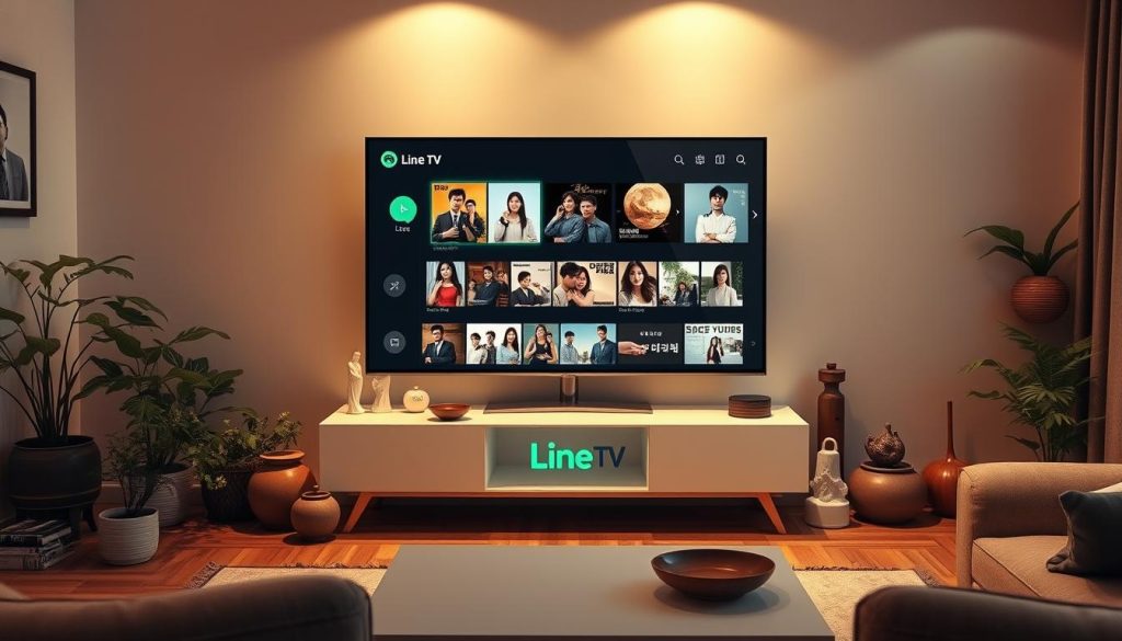 A cozy living room interior with a sleek, minimalist television stand displaying the Line TV logo, surrounded by a collection of Asian-themed decor elements such as potted plants, figurines, and decorative bowls. The room is bathed in warm, soft lighting, creating a welcoming and inviting atmosphere. The television screen displays a selection of Korean drama thumbnails, highlighting the app's content offerings. The overall composition conveys a sense of comfort and cultural appreciation, reflecting the section's focus on the Line TV streaming service for accessing Korean entertainment. A cozy living room interior with a sleek, minimalist television stand displaying the Line TV logo, surrounded by a collection of Asian-themed decor elements such as potted plants, figurines, and decorative bowls. The room is bathed in warm, soft lighting, creating a welcoming and inviting atmosphere. The television screen displays a selection of Korean drama thumbnails, highlighting the app's content offerings. The overall composition conveys a sense of comfort and cultural appreciation, reflecting the section's focus on the Line TV streaming service for accessing Korean entertainment.
