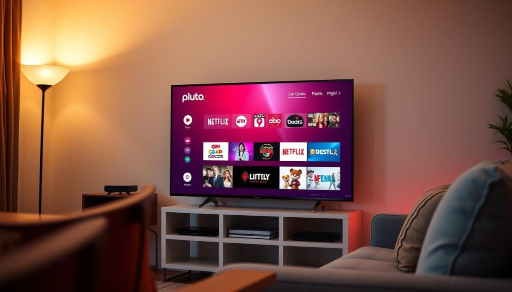 A cozy living room setting, with a modern flat-screen television tuned to the Pluto TV interface, showcasing a vibrant selection of live channels without the need for user registration. The room is bathed in warm, diffused lighting, creating a relaxed and inviting atmosphere. The television screen is the focal point, displaying Pluto TV's sleek and intuitive user interface, tempting the viewer to explore the wide array of live entertainment options available at their fingertips. The overall scene conveys the effortless access to a diverse range of live content, reflecting the convenience and freedom of the Pluto TV viewing experience. A cozy living room setting, with a modern flat-screen television tuned to the Pluto TV interface, showcasing a vibrant selection of live channels without the need for user registration. The room is bathed in warm, diffused lighting, creating a relaxed and inviting atmosphere. The television screen is the focal point, displaying Pluto TV's sleek and intuitive user interface, tempting the viewer to explore the wide array of live entertainment options available at their fingertips. The overall scene conveys the effortless access to a diverse range of live content, reflecting the convenience and freedom of the Pluto TV viewing experience.
