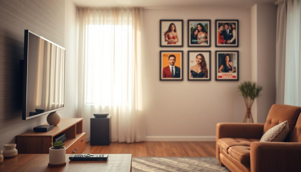 A cozy living room with a large flat-screen TV mounted on the wall. In the foreground, a minimalist wooden TV stand holds a remote control and a potted plant. On the wall above the TV, neatly arranged framed posters or artwork depict popular Turkish soap operas. In the middle ground, a comfortable sofa and armchair face the TV, creating a inviting space for binge-watching. The room is illuminated by warm, natural lighting filtering through sheer curtains, evoking a relaxed, homey atmosphere. The overall scene conveys a sense of organization, curation, and passion for Turkish television series. A cozy living room with a large flat-screen TV mounted on the wall. In the foreground, a minimalist wooden TV stand holds a remote control and a potted plant. On the wall above the TV, neatly arranged framed posters or artwork depict popular Turkish soap operas. In the middle ground, a comfortable sofa and armchair face the TV, creating a inviting space for binge-watching. The room is illuminated by warm, natural lighting filtering through sheer curtains, evoking a relaxed, homey atmosphere. The overall scene conveys a sense of organization, curation, and passion for Turkish television series.