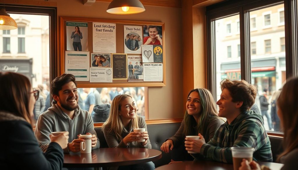 A cozy, well-lit cafe interior with a warm, inviting atmosphere. In the foreground, a group of young adults engage in lively conversation over cups of coffee, their faces animated and expressions friendly. In the middle ground, a bulletin board displays flyers and notices about local events and social gatherings, hinting at the opportunities for new friendships. The background features large windows overlooking a bustling city street, with people passing by, creating a sense of energy and connection. The lighting is soft and natural, casting a golden glow over the scene and enhancing the welcoming ambiance. The overall composition conveys the idea of a space where people can easily meet, mingle, and build new relationships. A cozy, well-lit cafe interior with a warm, inviting atmosphere. In the foreground, a group of young adults engage in lively conversation over cups of coffee, their faces animated and expressions friendly. In the middle ground, a bulletin board displays flyers and notices about local events and social gatherings, hinting at the opportunities for new friendships. The background features large windows overlooking a bustling city street, with people passing by, creating a sense of energy and connection. The lighting is soft and natural, casting a golden glow over the scene and enhancing the welcoming ambiance. The overall composition conveys the idea of a space where people can easily meet, mingle, and build new relationships.