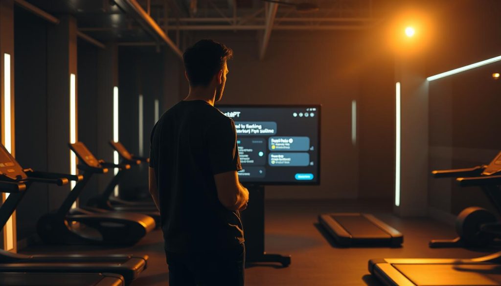 A dimly lit gym interior, with sleek modern equipment and a minimalist aesthetic. In the center, a person stands beside a large screen displaying a ChatGPT-like interface, deep in thought as they review a personalized workout routine. The lighting is warm and focused, casting subtle shadows that add depth and dimension to the scene. The background is slightly blurred, drawing the viewer's attention to the focal point - the person and the screen, as they explore the potential of AI-generated fitness guidance. The overall mood is one of introspection and curiosity, inviting the viewer to consider the role of technology in enhancing one's workout regimen. A dimly lit gym interior, with sleek modern equipment and a minimalist aesthetic. In the center, a person stands beside a large screen displaying a ChatGPT-like interface, deep in thought as they review a personalized workout routine. The lighting is warm and focused, casting subtle shadows that add depth and dimension to the scene. The background is slightly blurred, drawing the viewer's attention to the focal point - the person and the screen, as they explore the potential of AI-generated fitness guidance. The overall mood is one of introspection and curiosity, inviting the viewer to consider the role of technology in enhancing one's workout regimen.