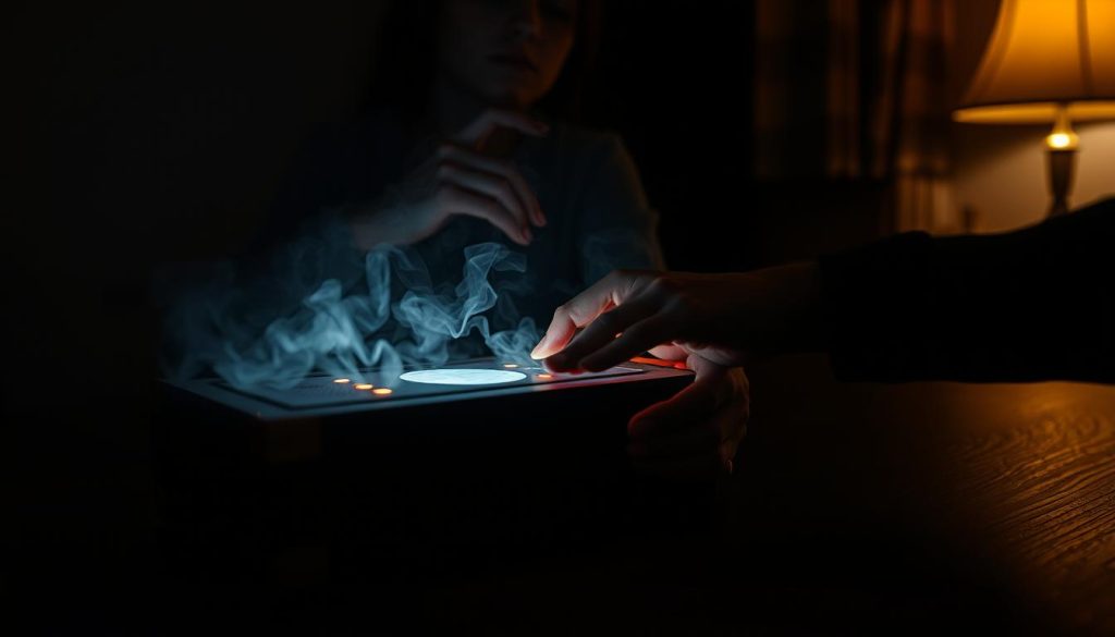 A dimly lit room, a spirit box device resting on a wooden table, its LED display flickering with ethereal energy. In the foreground, a pair of hands delicately handling the device, conveying a sense of caution and reverence. The background is hazy, with shadows casting an ominous atmosphere, suggesting the mysterious and unknown nature of the data being collected. The lighting is moody, with a soft, warm glow emanating from the spirit box, creating a captivating and eerie ambiance. The scene evokes a feeling of introspection, as the viewer contemplates the delicate balance between the allure of the paranormal and the need for privacy and data protection. A dimly lit room, a spirit box device resting on a wooden table, its LED display flickering with ethereal energy. In the foreground, a pair of hands delicately handling the device, conveying a sense of caution and reverence. The background is hazy, with shadows casting an ominous atmosphere, suggesting the mysterious and unknown nature of the data being collected. The lighting is moody, with a soft, warm glow emanating from the spirit box, creating a captivating and eerie ambiance. The scene evokes a feeling of introspection, as the viewer contemplates the delicate balance between the allure of the paranormal and the need for privacy and data protection.