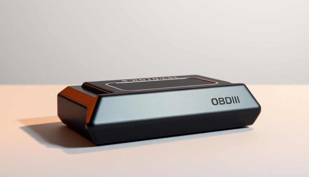 A high-quality OBDII automotive diagnostic device, meticulously crafted with a sleek, modern design. It sits atop a flat surface, casting soft, even shadows that accentuate its elegant silhouette. The device is illuminated by warm, directional lighting, highlighting its matte black finish and subtle metallic accents. In the background, a clean, minimalist environment provides a focused, professional backdrop, emphasizing the device's purpose as a tool for in-depth vehicle diagnostics. The overall composition conveys a sense of precision, efficiency, and the power of advanced automotive technology at the user's fingertips.