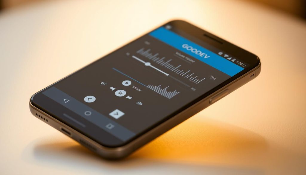 A high-quality photograph of a modern Android smartphone displaying the GOODEV volume booster app interface. The device is positioned on a flat surface, illuminated by warm, natural lighting from the side. The screen shows the app's main controls and visualizations, including sliders, buttons, and an equalizer. The overall visual style is clean, minimal, and focused on showcasing the app's functionality. The background is slightly blurred, creating depth and emphasis on the smartphone. The composition is balanced and pleasing, highlighting the app's user-friendly design and efficacy in boosting audio volume.