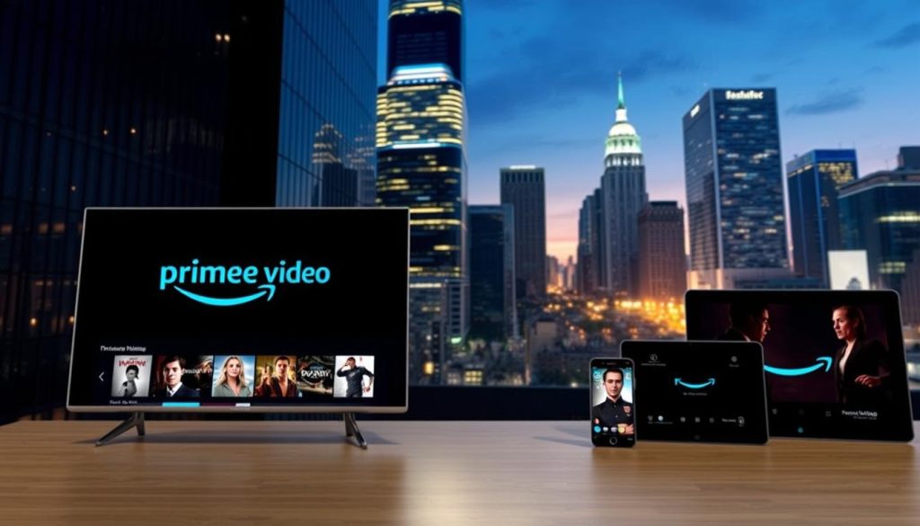 A high-quality, visually striking image of the Amazon Prime Video streaming platform. In the foreground, a sleek, minimalist user interface showcases the Prime Video logo and a selection of popular titles. The middle ground features a variety of devices, such as smart TVs, tablets, and smartphones, all seamlessly integrated with the platform. The background depicts a modern, urban setting with skyscrapers and city lights, suggesting the platform's widespread availability and accessibility. The overall scene conveys a sense of technological sophistication, entertainment, and convenience, aligning with the section title "Amazon Prime Video: Another Popular Option". A high-quality, visually striking image of the Amazon Prime Video streaming platform. In the foreground, a sleek, minimalist user interface showcases the Prime Video logo and a selection of popular titles. The middle ground features a variety of devices, such as smart TVs, tablets, and smartphones, all seamlessly integrated with the platform. The background depicts a modern, urban setting with skyscrapers and city lights, suggesting the platform's widespread availability and accessibility. The overall scene conveys a sense of technological sophistication, entertainment, and convenience, aligning with the section title "Amazon Prime Video: Another Popular Option".