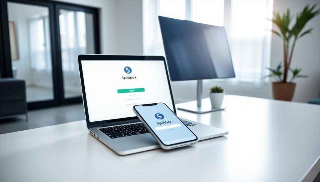 A modern laptop or desktop computer on a clean, minimalist desk, with a phone or tablet prominently displayed. The screen of the device shows the Spiritbox app's login screen, with its distinctive logo and interface. The room is well-lit, with natural light streaming in through large windows, creating a serene and calming atmosphere. The overall composition suggests the ease and simplicity of downloading and installing the Spiritbox app, inviting the viewer to explore the spiritual world it offers. A modern laptop or desktop computer on a clean, minimalist desk, with a phone or tablet prominently displayed. The screen of the device shows the Spiritbox app's login screen, with its distinctive logo and interface. The room is well-lit, with natural light streaming in through large windows, creating a serene and calming atmosphere. The overall composition suggests the ease and simplicity of downloading and installing the Spiritbox app, inviting the viewer to explore the spiritual world it offers.