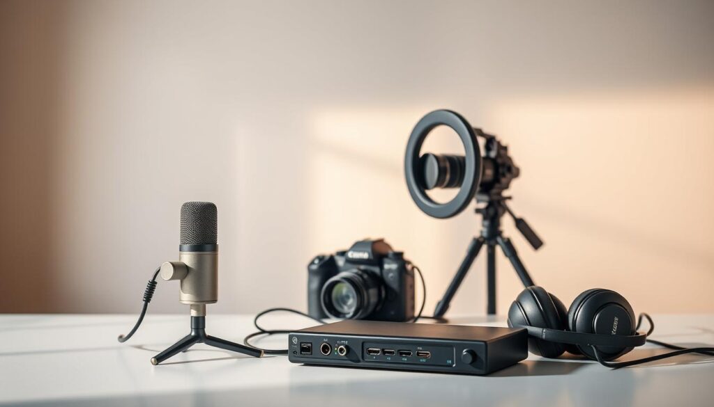 A modern, minimalist still life arrangement depicting various tools and equipment for social media content creation and podcast production. In the foreground, an elegant microphone, a sleek wireless headset, and a compact audio interface sit atop a smooth, reflective surface. In the middle ground, a professional-grade camera and a ring light stand poised to capture high-quality video. The background features clean, neutral-toned walls, allowing the equipment to take center stage. Balanced natural and studio lighting create a warm, inviting atmosphere, highlighting the high-tech, versatile nature of the tools. The overall composition conveys a sense of professionalism, creativity, and the seamless integration of technology for content creators. A modern, minimalist still life arrangement depicting various tools and equipment for social media content creation and podcast production. In the foreground, an elegant microphone, a sleek wireless headset, and a compact audio interface sit atop a smooth, reflective surface. In the middle ground, a professional-grade camera and a ring light stand poised to capture high-quality video. The background features clean, neutral-toned walls, allowing the equipment to take center stage. Balanced natural and studio lighting create a warm, inviting atmosphere, highlighting the high-tech, versatile nature of the tools. The overall composition conveys a sense of professionalism, creativity, and the seamless integration of technology for content creators.
