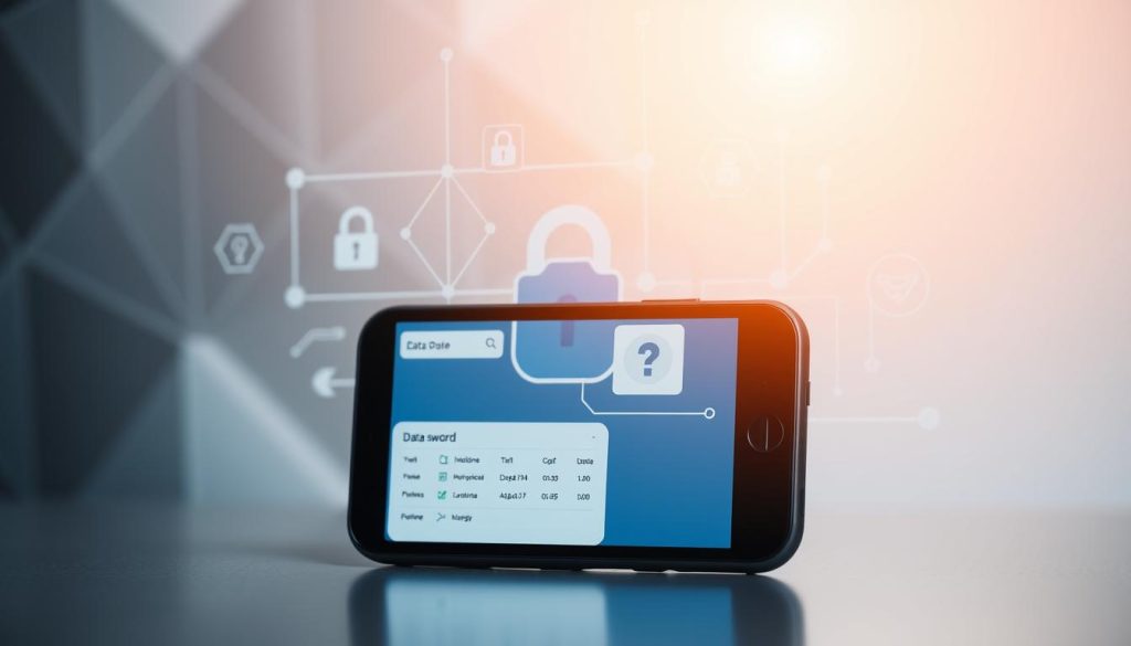 A modern mobile device securely displays health data, with a focus on data privacy and security. The foreground features a smartphone screen showcasing a clean, intuitive healthcare app interface. In the middle ground, digital security elements such as encryption symbols, password fields, and user authentication mechanisms are prominently displayed. The background blends abstract geometric patterns and minimal technology motifs, conveying a sense of digital sophistication and data protection. Soft, directional lighting highlights the screen and security elements, creating a balanced, professional composition. The overall mood is one of trust, reliability, and technological assurance for sensitive personal health information. A modern mobile device securely displays health data, with a focus on data privacy and security. The foreground features a smartphone screen showcasing a clean, intuitive healthcare app interface. In the middle ground, digital security elements such as encryption symbols, password fields, and user authentication mechanisms are prominently displayed. The background blends abstract geometric patterns and minimal technology motifs, conveying a sense of digital sophistication and data protection. Soft, directional lighting highlights the screen and security elements, creating a balanced, professional composition. The overall mood is one of trust, reliability, and technological assurance for sensitive personal health information.