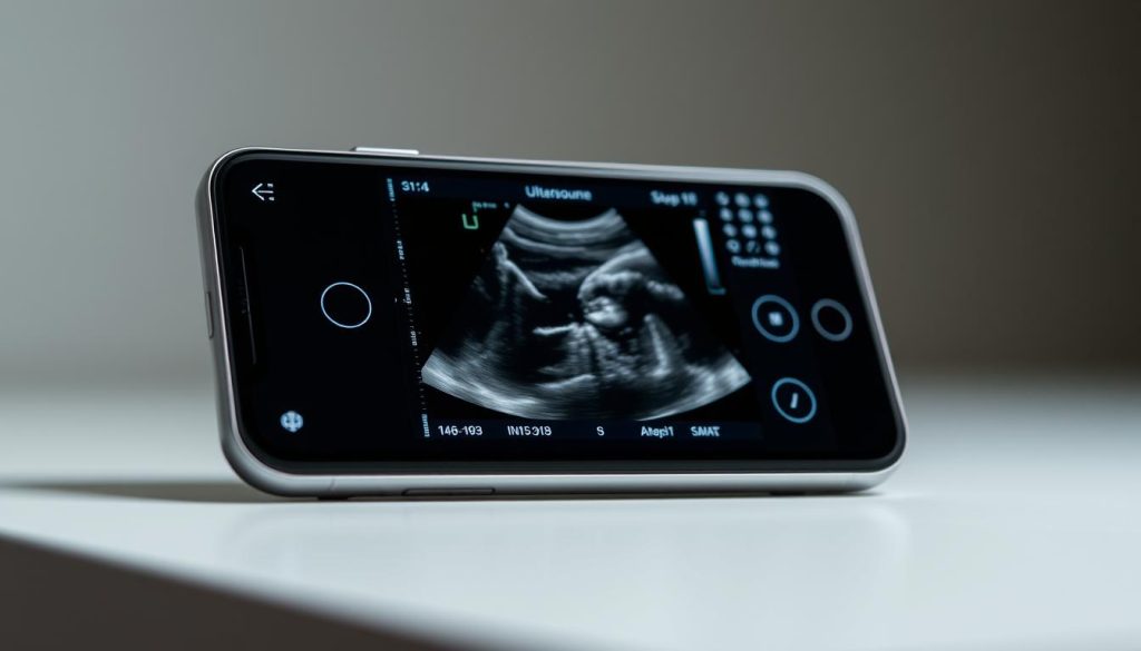 A professional-grade mobile ultrasound application displayed on a sleek, modern smartphone screen. The app's interface features a clean, intuitive design with clear, easy-to-navigate controls. The smartphone is positioned at a slight angle, allowing the user to see the detailed, high-resolution ultrasound images. The lighting is soft and diffused, creating a soothing, clinical atmosphere. The background is subtly blurred, keeping the focus on the smartphone and the ultrasound app. The overall impression is one of a powerful, cutting-edge medical tool seamlessly integrated with modern mobile technology. A professional-grade mobile ultrasound application displayed on a sleek, modern smartphone screen. The app's interface features a clean, intuitive design with clear, easy-to-navigate controls. The smartphone is positioned at a slight angle, allowing the user to see the detailed, high-resolution ultrasound images. The lighting is soft and diffused, creating a soothing, clinical atmosphere. The background is subtly blurred, keeping the focus on the smartphone and the ultrasound app. The overall impression is one of a powerful, cutting-edge medical tool seamlessly integrated with modern mobile technology.