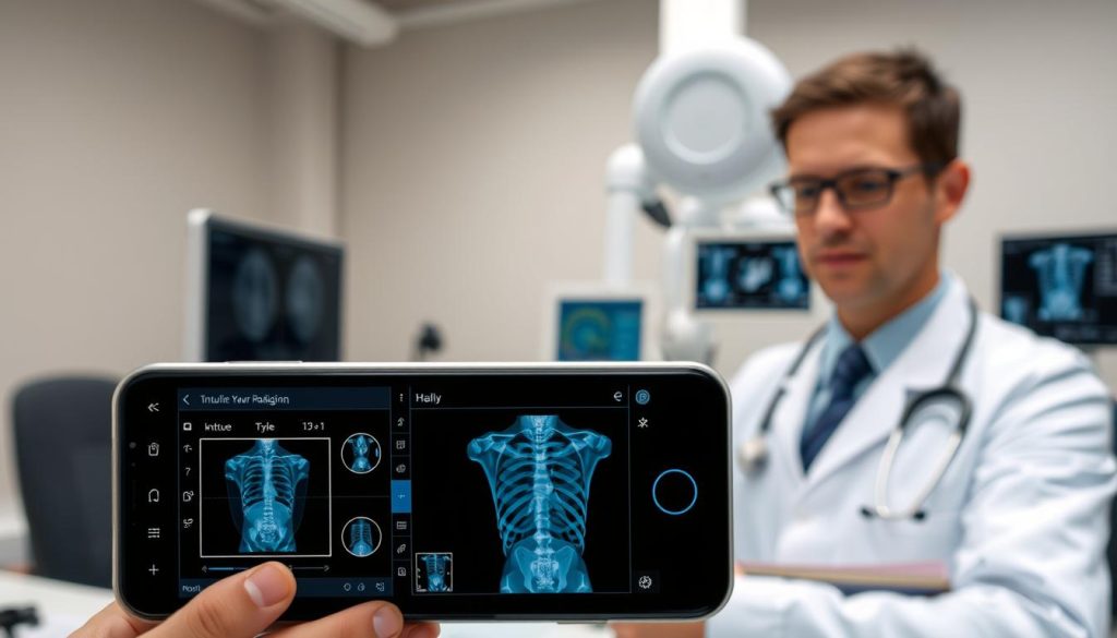 A professional radiologist's workspace featuring a sleek, modern mobile device displaying medical imaging software. The foreground showcases the mobile app interface with intuitive diagnostic tools and clear visualizations of X-ray scans. The middle ground depicts the radiologist examining the results, with a focused expression and surrounded by medical reference materials. The background has a subtle, clinical atmosphere with neutral-toned walls, specialized lighting, and hints of other digital equipment. Convey a sense of efficiency, precision, and technological advancement in the field of mobile radiology. A professional radiologist's workspace featuring a sleek, modern mobile device displaying medical imaging software. The foreground showcases the mobile app interface with intuitive diagnostic tools and clear visualizations of X-ray scans. The middle ground depicts the radiologist examining the results, with a focused expression and surrounded by medical reference materials. The background has a subtle, clinical atmosphere with neutral-toned walls, specialized lighting, and hints of other digital equipment. Convey a sense of efficiency, precision, and technological advancement in the field of mobile radiology.