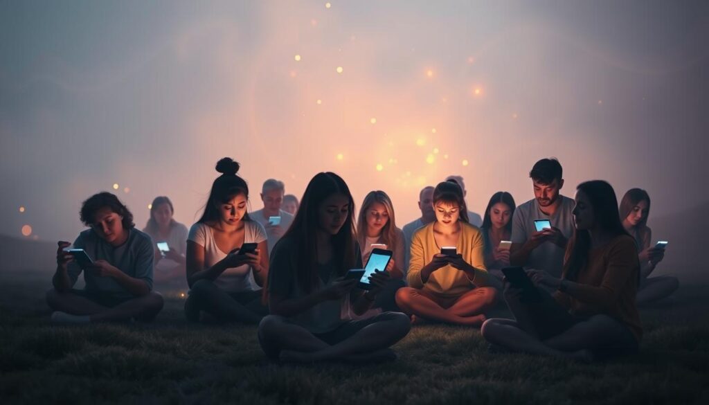 A serene and ethereal scene of users interacting with the Spiritbox app. In the foreground, a group of people sit cross-legged, their faces lit by the soft glow of their mobile devices as they explore the app's features. The middle ground showcases a diverse range of users, from young to old, each captivated by the app's immersive experience. In the background, a hazy, otherworldly landscape unfolds, with shimmering orbs and wispy trails of energy, hinting at the spiritual realms the app aims to connect users with. The lighting is soft and diffused, creating a calming and contemplative atmosphere. The camera angle is slightly elevated, allowing the viewer to observe the users' engaged expressions and the ethereal environment that surrounds them. A serene and ethereal scene of users interacting with the Spiritbox app. In the foreground, a group of people sit cross-legged, their faces lit by the soft glow of their mobile devices as they explore the app's features. The middle ground showcases a diverse range of users, from young to old, each captivated by the app's immersive experience. In the background, a hazy, otherworldly landscape unfolds, with shimmering orbs and wispy trails of energy, hinting at the spiritual realms the app aims to connect users with. The lighting is soft and diffused, creating a calming and contemplative atmosphere. The camera angle is slightly elevated, allowing the viewer to observe the users' engaged expressions and the ethereal environment that surrounds them.