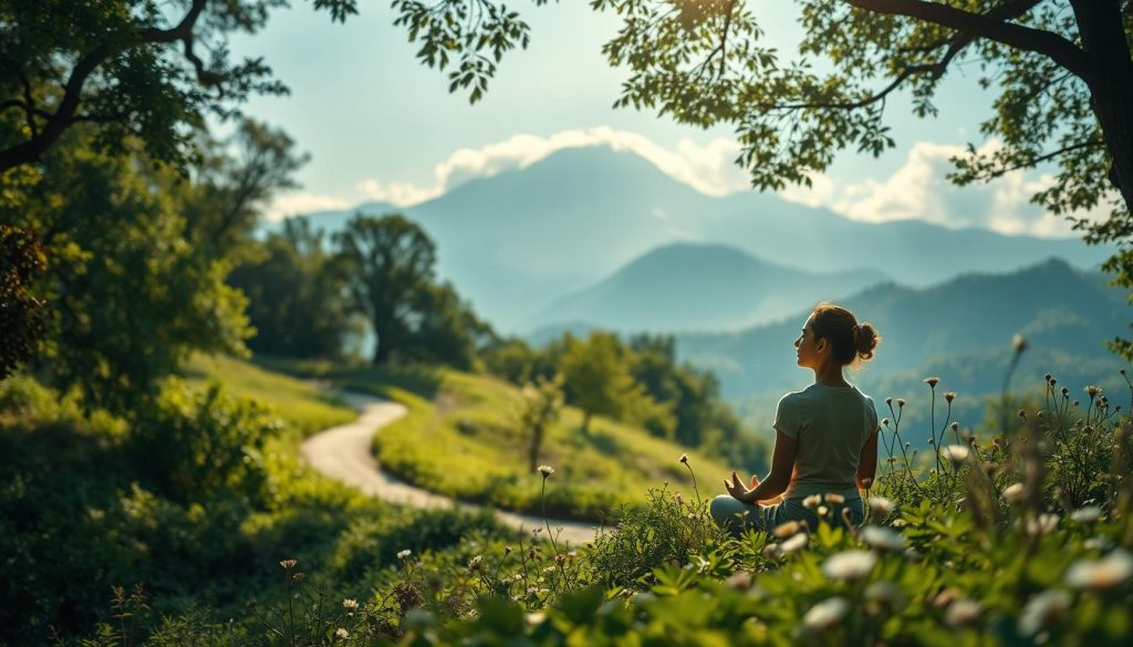 A serene, ethereal landscape with a peaceful, winding path leading through a lush, verdant forest. Dappled sunlight filters through the canopy, casting a warm, golden glow over the scene. In the foreground, a person is seated in a meditative pose, their eyes closed and their expression calm and focused. Surrounding them, delicate flowers and plants in soft, muted tones add to the tranquil atmosphere. In the distance, a majestic mountain range rises up, its peaks shrouded in wispy clouds. The overall mood is one of deep contemplation and spiritual connection with the natural world. A serene, ethereal landscape with a peaceful, winding path leading through a lush, verdant forest. Dappled sunlight filters through the canopy, casting a warm, golden glow over the scene. In the foreground, a person is seated in a meditative pose, their eyes closed and their expression calm and focused. Surrounding them, delicate flowers and plants in soft, muted tones add to the tranquil atmosphere. In the distance, a majestic mountain range rises up, its peaks shrouded in wispy clouds. The overall mood is one of deep contemplation and spiritual connection with the natural world.