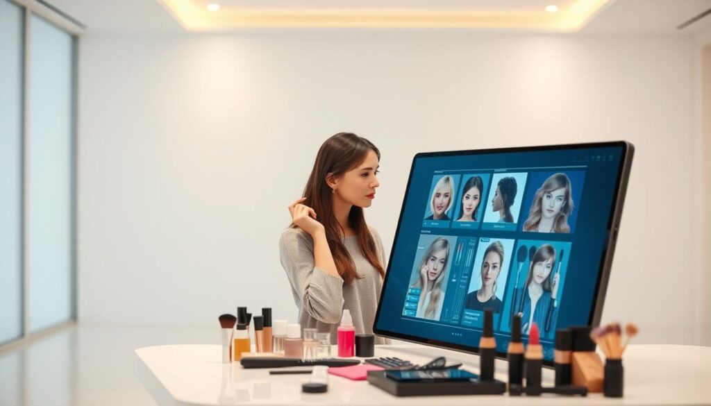A serene, well-lit interior space with a modern, minimalist aesthetic. In the foreground, a young woman stands in front of a large, high-resolution touchscreen display, intently focused on virtually applying different makeup looks and hairstyles. The middle ground features an array of beauty and styling tools, neatly arranged on a clean, white surface. The background subtly blurs, drawing the viewer's attention to the woman's concentrated expression as she explores the virtual makeup and hair customization features. The overall mood is one of calm, tranquility, and a sense of empowerment as the woman experiments with her digital appearance.
