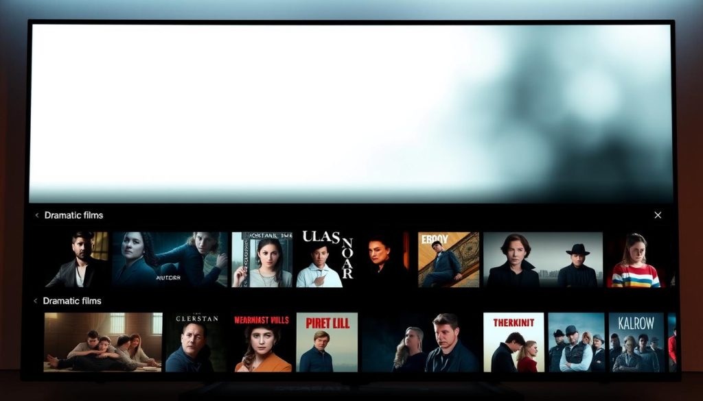 A sleek, modern streaming platform interface showcasing a curated selection of dramatic films. The foreground features a clean, minimalist layout with prominent title cards, thumbnails, and intuitive navigation menus. The middle ground highlights cinematic film posters and character headshots, drawing the viewer's eye to the diverse content library. In the background, a soft, cinematic lighting creates a warm, inviting atmosphere, complemented by subtle visual cues that evoke the emotional depth of the featured dramas. The overall composition conveys a sense of refined sophistication and high-quality entertainment, perfectly suited for the discerning viewer seeking an immersive cinematic experience. A sleek, modern streaming platform interface showcasing a curated selection of dramatic films. The foreground features a clean, minimalist layout with prominent title cards, thumbnails, and intuitive navigation menus. The middle ground highlights cinematic film posters and character headshots, drawing the viewer's eye to the diverse content library. In the background, a soft, cinematic lighting creates a warm, inviting atmosphere, complemented by subtle visual cues that evoke the emotional depth of the featured dramas. The overall composition conveys a sense of refined sophistication and high-quality entertainment, perfectly suited for the discerning viewer seeking an immersive cinematic experience.