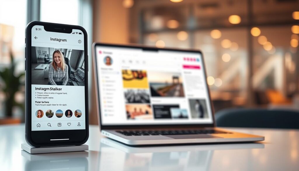 A sleek, modern web application interface with a minimalist design. In the foreground, a smartphone screen displays the Instagram profile of a person, indicating the "Instagram Stalker" functionality. The middle ground features a laptop or desktop computer with a clean, intuitive dashboard, showcasing the web-based nature of the tool. The background has a soft, blurred cityscape or office environment, conveying a professional, technology-driven atmosphere. The lighting is warm and subtle, creating a sense of sophistication. The overall aesthetic is polished, user-friendly, and tailored to the needs of the discerning social media user. A sleek, modern web application interface with a minimalist design. In the foreground, a smartphone screen displays the Instagram profile of a person, indicating the "Instagram Stalker" functionality. The middle ground features a laptop or desktop computer with a clean, intuitive dashboard, showcasing the web-based nature of the tool. The background has a soft, blurred cityscape or office environment, conveying a professional, technology-driven atmosphere. The lighting is warm and subtle, creating a sense of sophistication. The overall aesthetic is polished, user-friendly, and tailored to the needs of the discerning social media user.