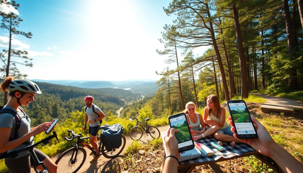 A sun-drenched outdoor scene featuring a diverse array of mobile apps designed for outdoor activities. In the foreground, a group of hikers and cyclists interacting with their smartphones, navigating trails and tracking fitness metrics. In the middle ground, a picnicking family enjoying a nature-themed fitness app. In the background, a lush forest with winding paths and scenic vistas, creating a serene and rejuvenating atmosphere. The image conveys the harmony between technology and the great outdoors, inspiring viewers to explore and stay active through the convenience of mobile applications. A sun-drenched outdoor scene featuring a diverse array of mobile apps designed for outdoor activities. In the foreground, a group of hikers and cyclists interacting with their smartphones, navigating trails and tracking fitness metrics. In the middle ground, a picnicking family enjoying a nature-themed fitness app. In the background, a lush forest with winding paths and scenic vistas, creating a serene and rejuvenating atmosphere. The image conveys the harmony between technology and the great outdoors, inspiring viewers to explore and stay active through the convenience of mobile applications.