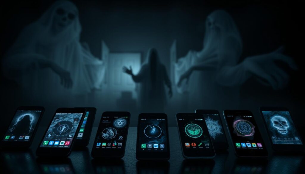 A tranquil, dimly lit room, the air thick with an otherworldly presence. In the foreground, a collection of smartphones arranged in a grid, each displaying a different paranormal-themed application. The middle ground features spectral figures and ghostly apparitions, hinting at the unseen realms these apps seek to uncover. Soft, ambient lighting casts an eerie glow, creating an atmosphere of intrigue and mystery. The background is shrouded in shadow, suggesting the unknown and unexplored depths of the spiritual world. This image captures the essence of comparing various paranormal apps, inviting the viewer to explore the diverse tools available for connecting with the supernatural. A tranquil, dimly lit room, the air thick with an otherworldly presence. In the foreground, a collection of smartphones arranged in a grid, each displaying a different paranormal-themed application. The middle ground features spectral figures and ghostly apparitions, hinting at the unseen realms these apps seek to uncover. Soft, ambient lighting casts an eerie glow, creating an atmosphere of intrigue and mystery. The background is shrouded in shadow, suggesting the unknown and unexplored depths of the spiritual world. This image captures the essence of comparing various paranormal apps, inviting the viewer to explore the diverse tools available for connecting with the supernatural.
