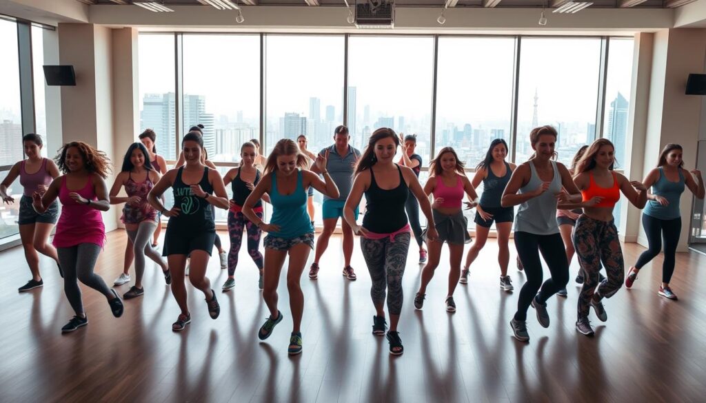 A vibrant, global community of Zumba dancers performing dynamic, synchronized moves in a well-lit, open-air studio. In the foreground, a diverse group of people, their bodies moving in unison to the upbeat, rhythmic music. In the middle ground, instructors leading the class, their energy and enthusiasm radiating through the space. In the background, large windows overlooking a bustling city, the urban landscape providing a captivating backdrop to the energetic dance session. The scene conveys a sense of joy, camaraderie, and a shared passion for the Zumba lifestyle, inspiring others to join this global movement. A vibrant, global community of Zumba dancers performing dynamic, synchronized moves in a well-lit, open-air studio. In the foreground, a diverse group of people, their bodies moving in unison to the upbeat, rhythmic music. In the middle ground, instructors leading the class, their energy and enthusiasm radiating through the space. In the background, large windows overlooking a bustling city, the urban landscape providing a captivating backdrop to the energetic dance session. The scene conveys a sense of joy, camaraderie, and a shared passion for the Zumba lifestyle, inspiring others to join this global movement.