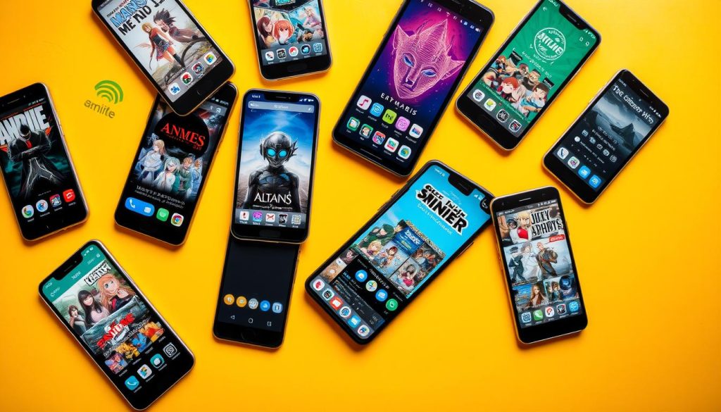 An array of smartphone screens displaying various alternative anime streaming apps, set against a vibrant and dynamic background. The apps should have distinct and recognizable user interfaces, showcasing their unique features and designs. Employ a bright, colorful palette with a sense of energy and discovery, capturing the excitement of exploring lesser-known options for anime fans. Use a high-angle perspective to create an overhead, almost bird's-eye view, emphasizing the variety and accessibility of these alternative streaming solutions. Incorporate subtle shadows and reflections to add depth and realism to the scene, while maintaining a sleek, modern aesthetic. An array of smartphone screens displaying various alternative anime streaming apps, set against a vibrant and dynamic background. The apps should have distinct and recognizable user interfaces, showcasing their unique features and designs. Employ a bright, colorful palette with a sense of energy and discovery, capturing the excitement of exploring lesser-known options for anime fans. Use a high-angle perspective to create an overhead, almost bird's-eye view, emphasizing the variety and accessibility of these alternative streaming solutions. Incorporate subtle shadows and reflections to add depth and realism to the scene, while maintaining a sleek, modern aesthetic.