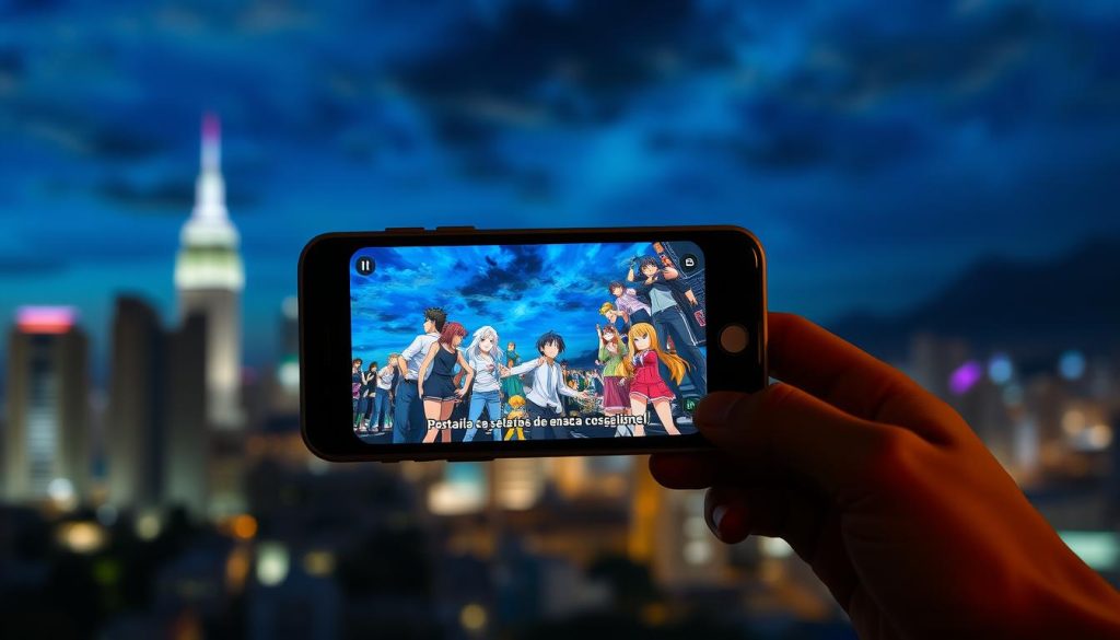 Animes playing on a smartphone screen, set against a blurred background of city skyline and vibrant night sky. In the foreground, the smartphone displays colorful anime characters engaged in dynamic scenes, with text overlays in Portuguese. The lighting is warm and atmospheric, creating a cozy, immersive viewing experience. The overall mood is one of excitement and escapism, inviting the viewer to discover the world of anime accessible on mobile devices. Animes playing on a smartphone screen, set against a blurred background of city skyline and vibrant night sky. In the foreground, the smartphone displays colorful anime characters engaged in dynamic scenes, with text overlays in Portuguese. The lighting is warm and atmospheric, creating a cozy, immersive viewing experience. The overall mood is one of excitement and escapism, inviting the viewer to discover the world of anime accessible on mobile devices.