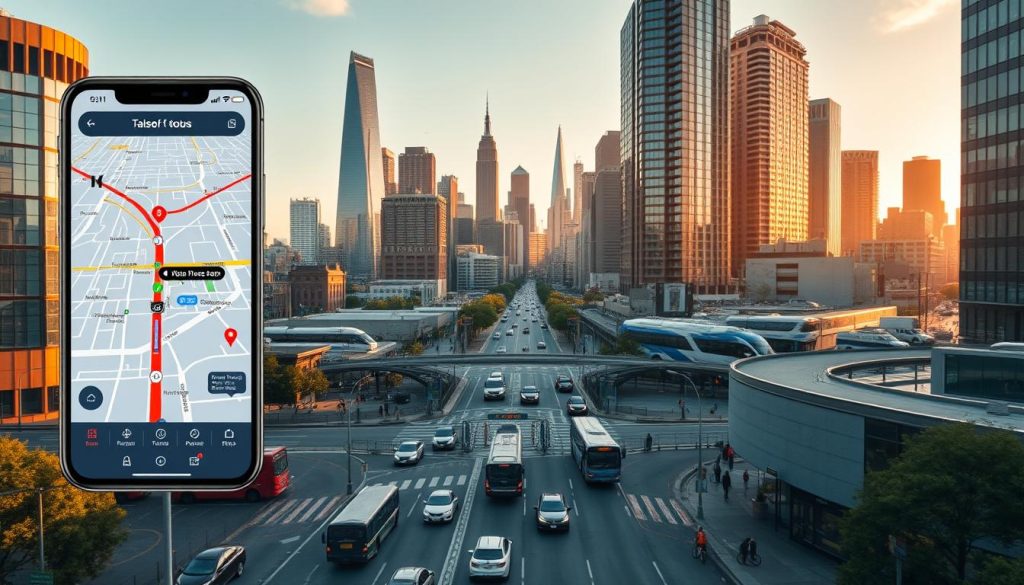 A bustling urban cityscape with a multi-modal transportation hub at its center. In the foreground, a modern navigation app interface displays a detailed route map, showcasing various transportation options including buses, trains, and pedestrian pathways. The middle ground features a busy intersection, with cars, buses, and pedestrians seamlessly navigating the streets. In the background, towering skyscrapers and landmarks create a dynamic skyline, bathed in warm, golden-hour lighting. The scene conveys a sense of efficiency, connectivity, and the future of urban mobility, where digital navigation and multimodal transportation are seamlessly integrated. A bustling urban cityscape with a multi-modal transportation hub at its center. In the foreground, a modern navigation app interface displays a detailed route map, showcasing various transportation options including buses, trains, and pedestrian pathways. The middle ground features a busy intersection, with cars, buses, and pedestrians seamlessly navigating the streets. In the background, towering skyscrapers and landmarks create a dynamic skyline, bathed in warm, golden-hour lighting. The scene conveys a sense of efficiency, connectivity, and the future of urban mobility, where digital navigation and multimodal transportation are seamlessly integrated.