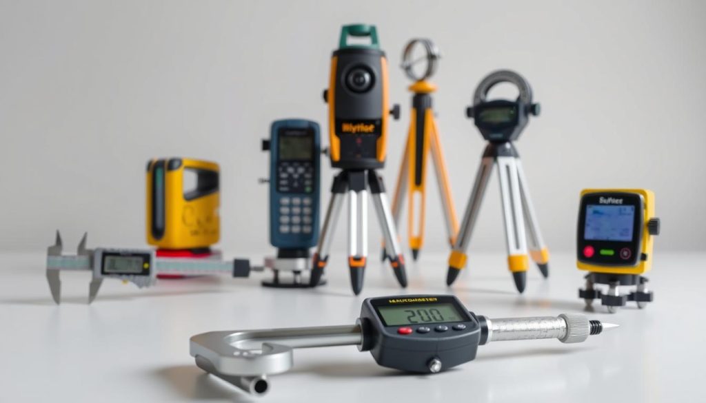 A close-up view of a variety of digital measurement tools arranged neatly on a clean, minimalist workspace. In the foreground, a digital caliper, a digital micrometer, and a digital level are prominently displayed, their sleek metallic bodies reflecting the soft, directional lighting. In the middle ground, a digital distance meter and a digital protractor stand upright, showcasing their state-of-the-art display screens. The background features a plain, gray surface, allowing the precision instruments to take center stage and emphasize their importance in accurate land measurement applications. A close-up view of a variety of digital measurement tools arranged neatly on a clean, minimalist workspace. In the foreground, a digital caliper, a digital micrometer, and a digital level are prominently displayed, their sleek metallic bodies reflecting the soft, directional lighting. In the middle ground, a digital distance meter and a digital protractor stand upright, showcasing their state-of-the-art display screens. The background features a plain, gray surface, allowing the precision instruments to take center stage and emphasize their importance in accurate land measurement applications.