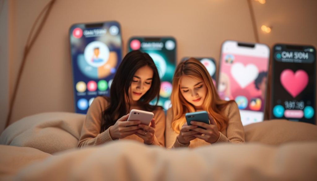 A cozy, inviting app interface with a warm, soft color palette showcasing two introverted characters in the foreground, gently interacting on their smartphones against a blurred background of other app screens. Subtle animations or glowing effects suggest a sense of ease and comfort, reflecting the "connections without pressure" theme. The overall atmosphere is relaxed, intimate, and inclusive, capturing the essence of the "apps for shy and introverted" concept. A cozy, inviting app interface with a warm, soft color palette showcasing two introverted characters in the foreground, gently interacting on their smartphones against a blurred background of other app screens. Subtle animations or glowing effects suggest a sense of ease and comfort, reflecting the "connections without pressure" theme. The overall atmosphere is relaxed, intimate, and inclusive, capturing the essence of the "apps for shy and introverted" concept.