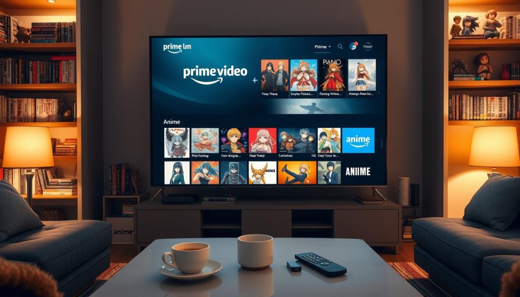 A cozy living room setting with a large flatscreen TV prominently displayed, showcasing the Amazon Prime Video interface with a selection of anime titles. The room is bathed in warm, soft lighting, creating a comfortable and inviting atmosphere. In the foreground, a modern, stylish coffee table with a sleek remote control and a cup of hot tea or coffee. Framing the scene, bookshelves filled with manga volumes and anime figurines, hinting at the owner's passion for the medium. The overall composition conveys a sense of relaxation and the convenience of streaming anime content on a variety of devices, including mobile phones.