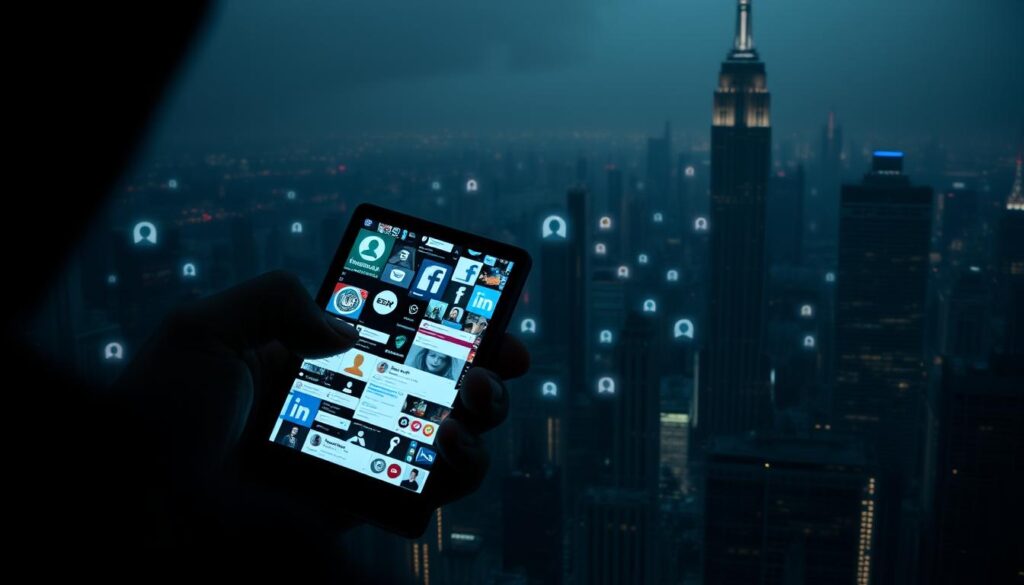 A dark, ominous image of third-party Facebook applications. In the foreground, a shadowy figure holding a smartphone, the screen displaying a collage of social media profiles and personal data. The middle ground features a maze of interconnected apps and platforms, their logos hinting at the data-harvesting and privacy-invading nature. In the background, a dystopian cityscape with towering skyscrapers, their windows glowing with an unsettling, eerie light. The scene conveys a sense of surveillance, vulnerability, and the risks of unregulated access to our digital lives. Cinematic lighting and moody color tones create a foreboding atmosphere, underscoring the dangers of blindly trusting third-party applications with our personal information. A dark, ominous image of third-party Facebook applications. In the foreground, a shadowy figure holding a smartphone, the screen displaying a collage of social media profiles and personal data. The middle ground features a maze of interconnected apps and platforms, their logos hinting at the data-harvesting and privacy-invading nature. In the background, a dystopian cityscape with towering skyscrapers, their windows glowing with an unsettling, eerie light. The scene conveys a sense of surveillance, vulnerability, and the risks of unregulated access to our digital lives. Cinematic lighting and moody color tones create a foreboding atmosphere, underscoring the dangers of blindly trusting third-party applications with our personal information.