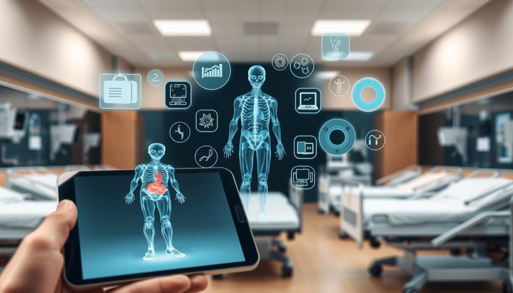 A detailed X-ray image of various educational applications and software related to radiology and medical imaging. The foreground features a smartphone or tablet display showing a detailed 3D model of a human body with labeled anatomical structures. The middle ground shows a collection of floating medical icons, including an MRI scanner, CT scan, and other radiology tools. The background depicts a clinical setting with hospital beds, medical equipment, and a soft, diffused lighting. The overall mood is informative, educational, and focused on the use of technology in the medical field.