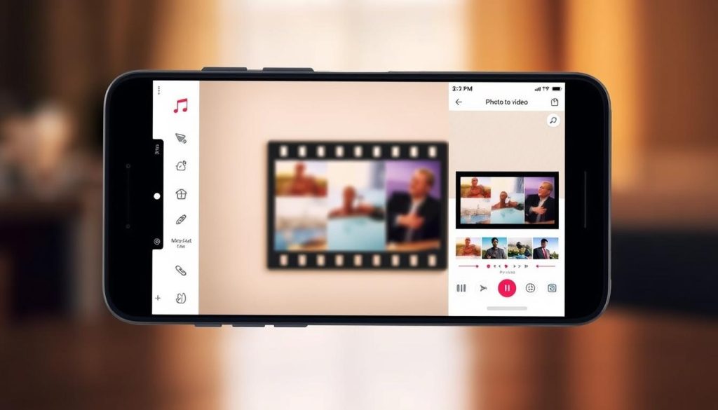 A digital tutorial interface showcasing the CapCut video editing application. The foreground features a smartphone screen displaying the CapCut app's intuitive interface, with icons and tools for trimming, transitions, and audio editing. The middle ground shows a professional-looking video frame with a series of still images, demonstrating the app's photo-to-video capabilities. In the background, a soft, blurred gradient creates a sense of depth and focus, drawing the viewer's attention to the central elements. The lighting is warm and natural, creating a welcoming and informative atmosphere, perfect for guiding users through the video editing process.