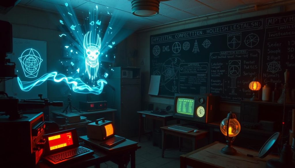 A dimly lit paranormal investigation lab, illuminated by the soft glow of vintage equipment. In the foreground, an array of specialized tools - EMF detectors, infrared cameras, and ghost-hunting gadgets. The middle ground features a holographic display, projecting ethereal energy signatures across the room. In the background, a large chalkboard covered in arcane symbols and notes, hinting at the esoteric nature of the work. The atmosphere is one of scientific curiosity and the pursuit of the unknown, with a palpable sense of mystery and anticipation.