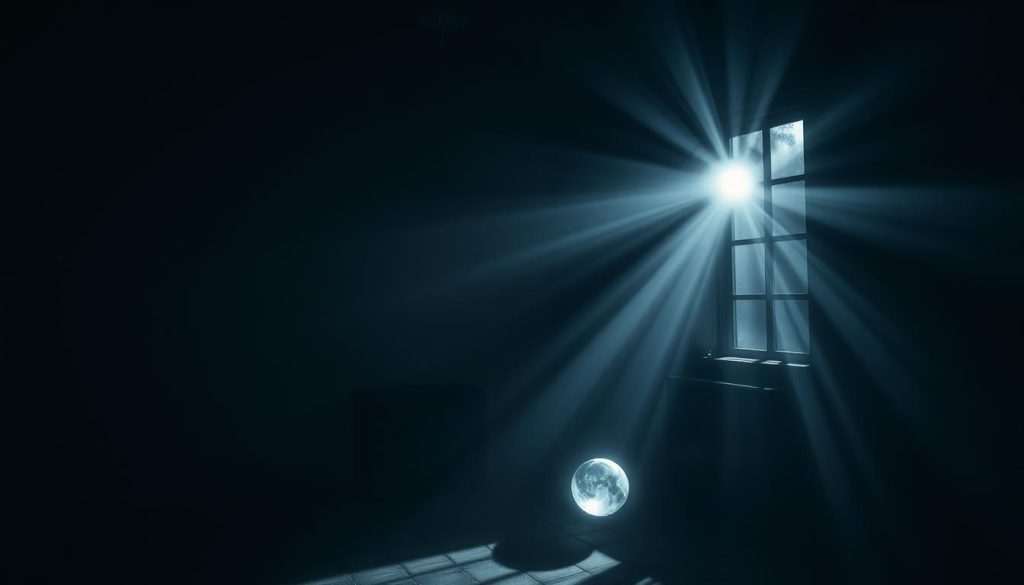 A dimly lit room, heavy with an otherworldly presence. Faint wisps of spectral energy dance across the walls, casting flickering shadows that hint at unseen forces. In the corner, a shimmering orb pulsates with a soft, ethereal glow, drawing the eye and beckoning further exploration. The air is thick with a hushed, anticipatory tension, as if the very fabric of the space is alive with the whispers of the departed. Beams of moonlight filter through the windows, casting an eerie, silvery light that accentuates the subtle shifts and distortions in the atmosphere. This is a scene of undeniable spiritual activity, a gateway to the unseen realms that lie just beyond the veil of the mundane.