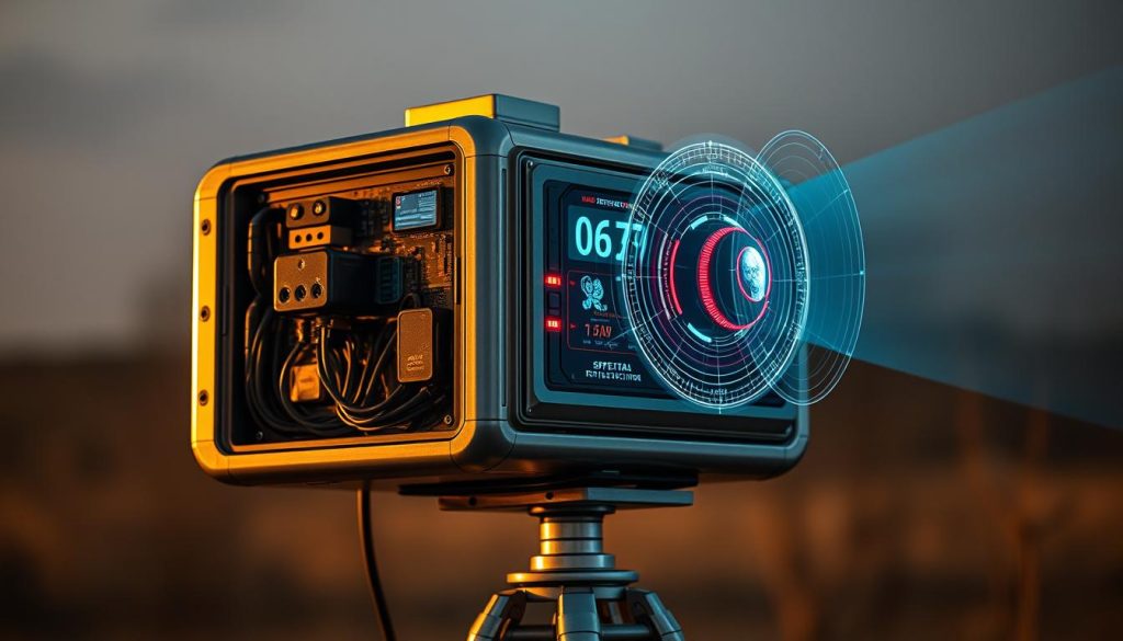 A high-tech ghost detection radar device, its sleek metallic casing gleaming under soft, warm lighting. Intricate electronic components and wiring are visible through a transparent panel, hinting at its sophisticated scanning capabilities. The device sits atop a sturdy tripod, ready to be deployed in the field. A holographic display projects spectral readings, revealing the presence of supernatural energies in the vicinity. The radar's antennas swivel slowly, scanning the environment with focused intent, ready to uncover the hidden mysteries of the unseen world.