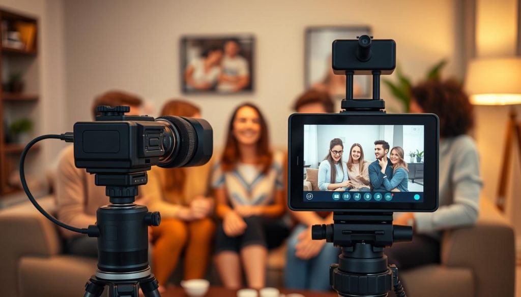 A lively group of friends gathered around a cozy living room, engaged in a live streaming session. The foreground features a modern, minimalist setup with a high-quality camera capturing the dynamic conversation. The middle ground showcases the friends, their expressions animated as they exchange ideas and laughter. The background subtly blurs, creating a sense of intimacy and focus on the social interaction. Warm lighting casts a soft glow, enhancing the friendly atmosphere. The overall scene conveys a sense of genuine connection, inviting the viewer to imagine themselves as part of this vibrant online community. A lively group of friends gathered around a cozy living room, engaged in a live streaming session. The foreground features a modern, minimalist setup with a high-quality camera capturing the dynamic conversation. The middle ground showcases the friends, their expressions animated as they exchange ideas and laughter. The background subtly blurs, creating a sense of intimacy and focus on the social interaction. Warm lighting casts a soft glow, enhancing the friendly atmosphere. The overall scene conveys a sense of genuine connection, inviting the viewer to imagine themselves as part of this vibrant online community.