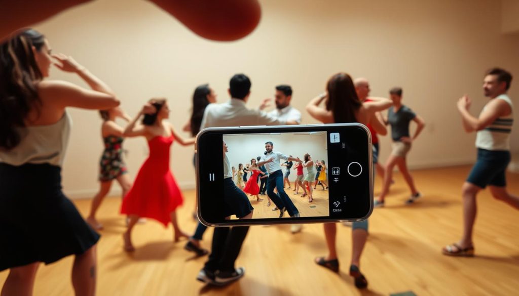 A lively, vibrant salsa dance class captured through a smartphone's lens. The foreground shows a group of people energetically moving to the rhythmic Latin beats, their bodies in fluid motion. The middle ground features an instructor leading the class, their hips swaying with practiced ease. The background depicts a simple, minimalist room with bare walls, allowing the dancers to take center stage. The lighting is warm and natural, casting a soft glow that enhances the dynamic atmosphere. The camera angle is slightly elevated, giving a birds-eye view that emphasizes the collective energy of the participants. An intimate, immersive experience of salsa dancing, as if the viewer is part of the class, learning the moves through their mobile device.
