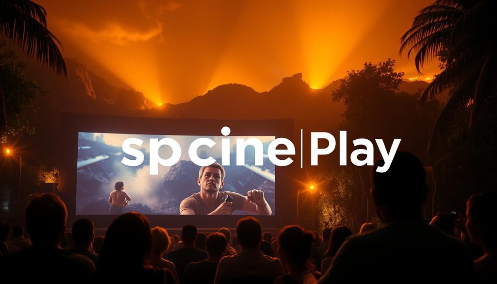 A lush, cinematic landscape depicting the essence of Brazilian cinema. In the foreground, a large, vibrant movie screen showcases a striking film scene, bathed in warm, golden lighting. In the middle ground, a group of cinema-goers sit enraptured, their faces illuminated by the glow of the screen. The background features a stylized, minimalist representation of the Spcine Play logo, subtly integrated into the scene. The overall atmosphere conveys a sense of immersion, showcasing the power and artistry of Brazilian filmmaking.